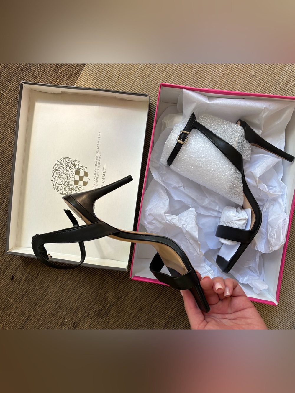 Vince Camuto Black Leather Strappy Heel Sandals - Saprenda 2 Sandal
